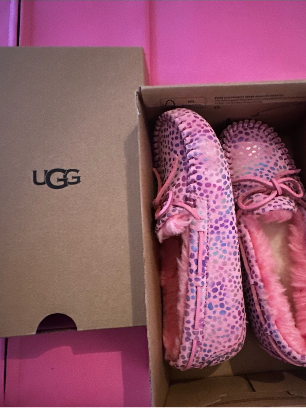 UGG Kids Pink Leopard-Print Moccasins with Shearling Lining